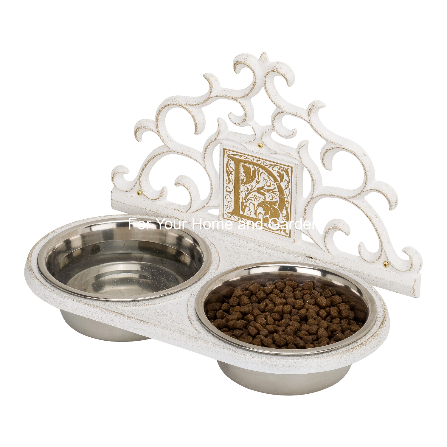 Monogram Wall Mounted Pet Feeder in White & Gold with 2-Lines of Text