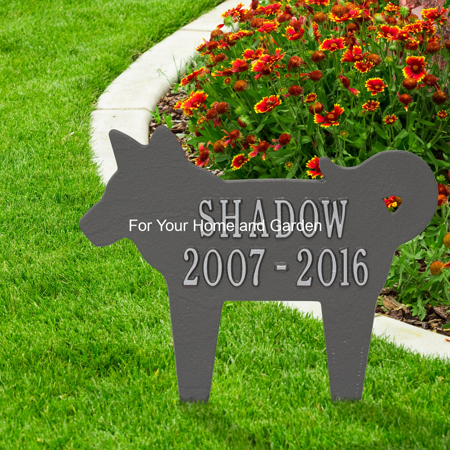 Dog Shaped Memorial Lawn Plaque in Pewter & Silver with 2-Lines of Text