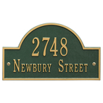 Arch Marker Address Plaque with a Green & Gold Finish, Standard Wall Mount with Two Lines of Text