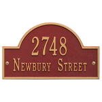 Arch Marker Address Plaque with a Red & Gold Finish, Standard Wall Mount with Two Lines of Text