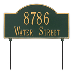 Two sided Arched Rectangle Shape Address Plaque with a Green & Gold Finish, Standard Lawn with Two Lines of Text