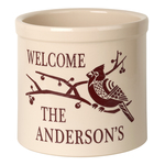 Personalized Deco Cardinal Welcome 2 Gallon Crock with Red Etching