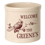 Personalized Perched Cardinal Welcome 2 Gallon Crock with Red Etching