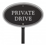 Private Drive Plaque Oval Shape Black & Silver on Stake