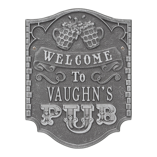 Pub Welcome Plaque, Finish, Standard Wall 1-line Pewter & Silver