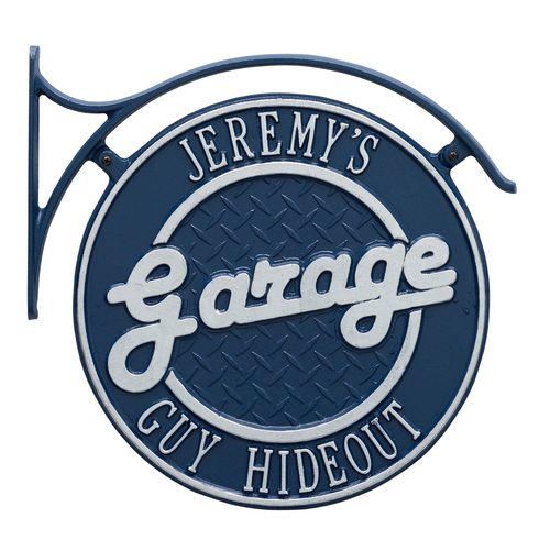 Package: Hanging Garage Plaque with Bracket Dark Blue & Silver