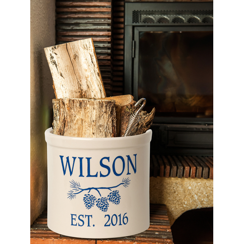 Personalized Pine Bough 2 Gallon Crock w/ Dark Blue Etching in use
