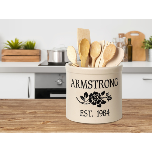 Personalized Rose Stem 2 Gallon Crock w/ Black Etching in a Setting.