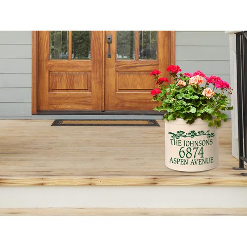 Personalized Dogwood 2 Gallon Crock w/ Green Etching in a Setting.