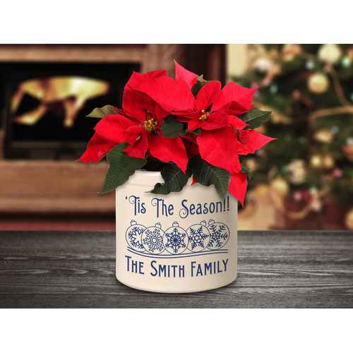 Personalized Snowflake Ornament 2 Gallon Crock w/ Dark Blue Etching in a Setting.