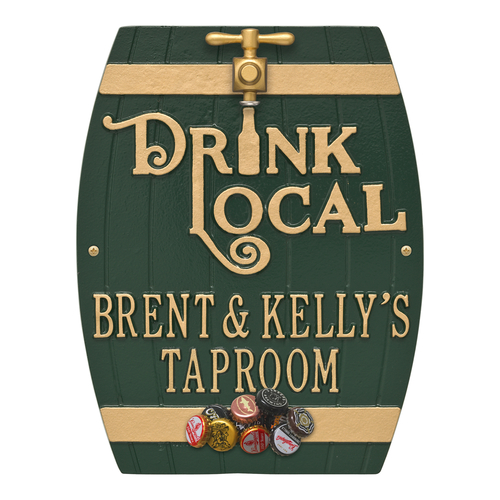 Drink Local Barrel Green & Gold Plaque in use.