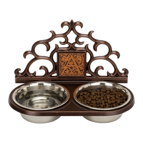 Monogram Wall Mounted Pet Feeder in Antique Copper with View from Center