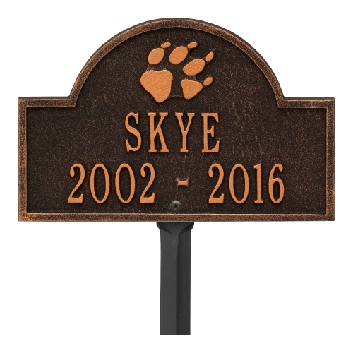 Oil-Rubbed Bronze Dog Paw Arch Lawn Memorial Marker on a Yard Stake