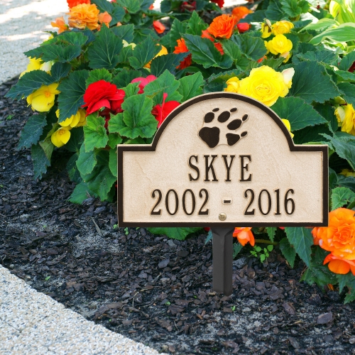 Limestone & Dark Bronze Dog Paw Arch Lawn Memorial Marker on the  Sidewalk